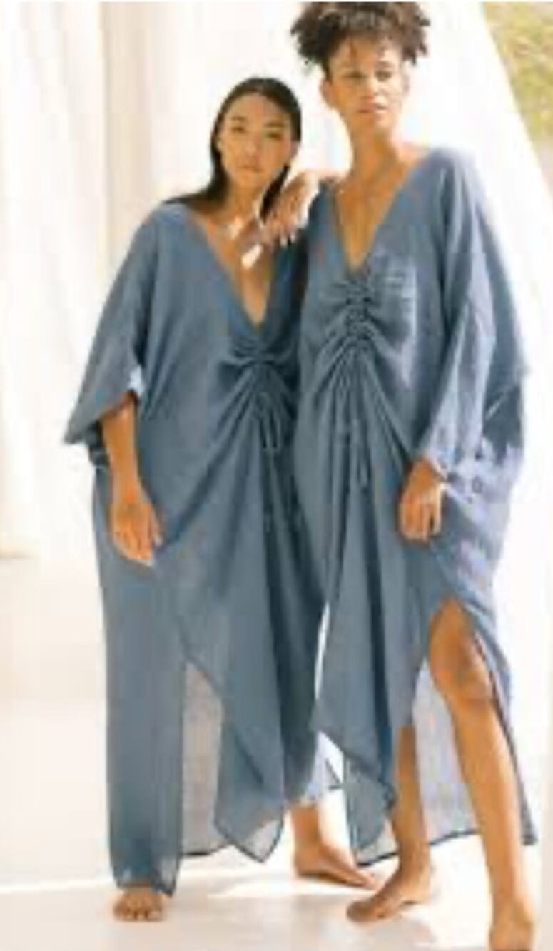 MYRAH PENALOZA Sz XS Blue Virgo Caftan Kaftan Crinkle Gauze Dress Linen Cotton